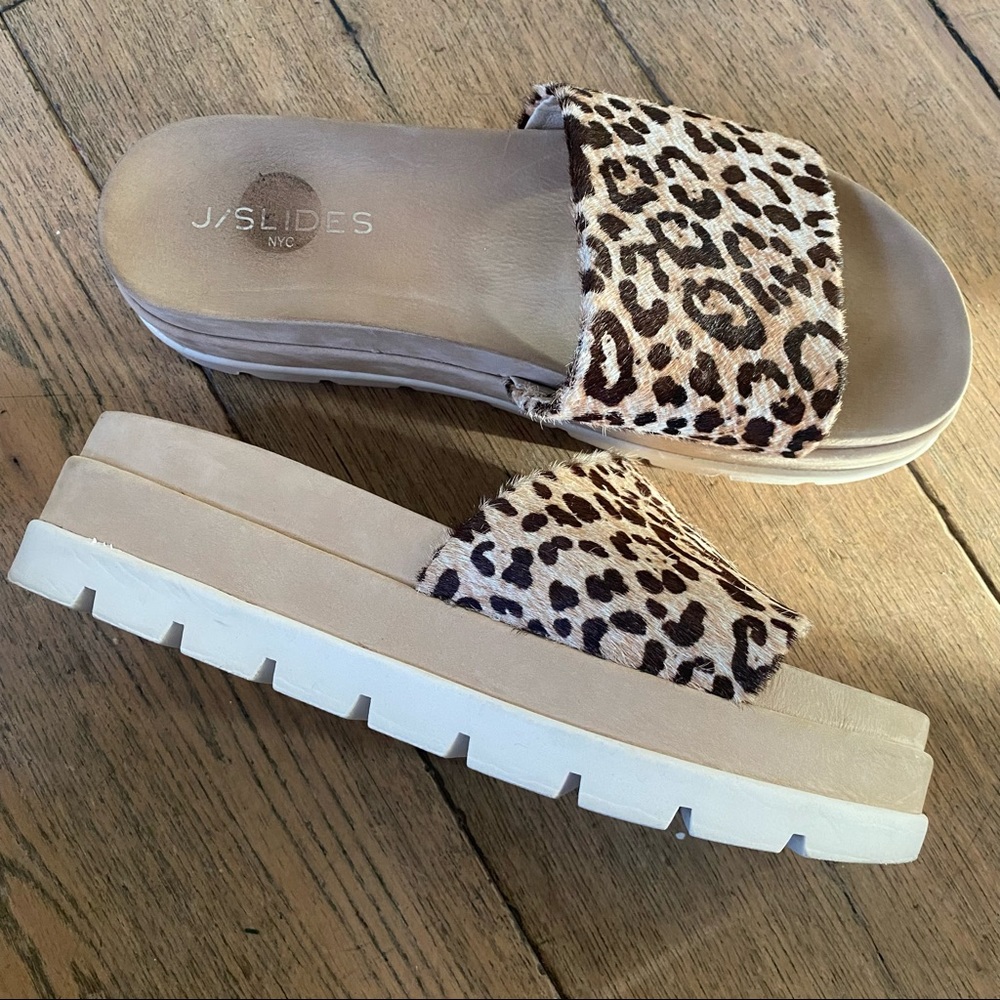 J/SLIDE Beige & Black Leopard Bibi Calf-Hair Slide platform sandal womens 9